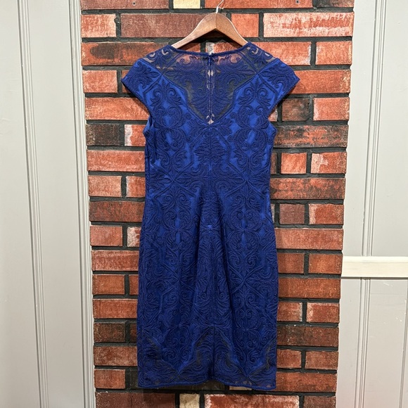 Tadashi Shoji BLUE STONE COTTON EMBROIDERED TULLE CAP SLEEVE DRESS - Picture 5 of 11